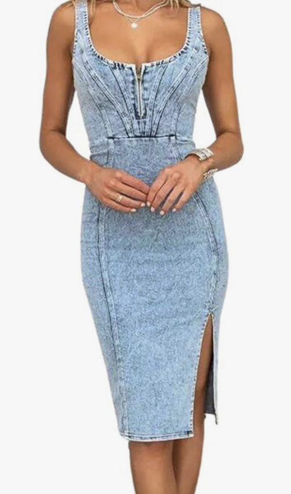Denim Dress for Women Sleeveless Side Slit Bodycon Midi Jean Dresses for Women 2025